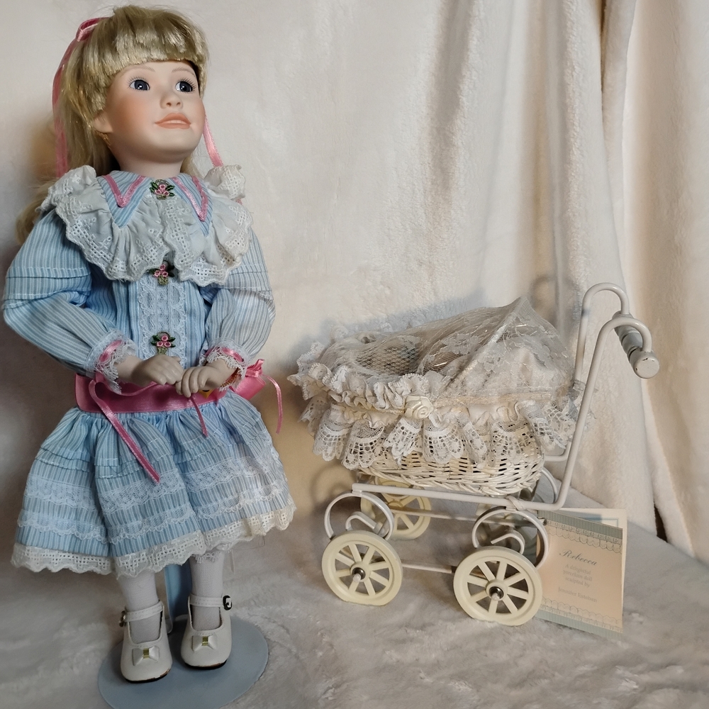 Rebecca 1991 Collection Blue and White Porcelain Doll with Pram 14" High